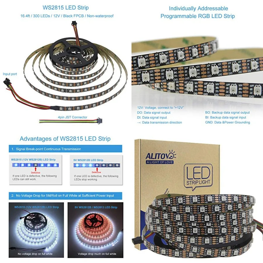 16.4FT WS2815 LED Strip Individually Addressable 300 Pixels Strip Light Dual Signal RGB 12V Flexible Programmable LED Strips IP