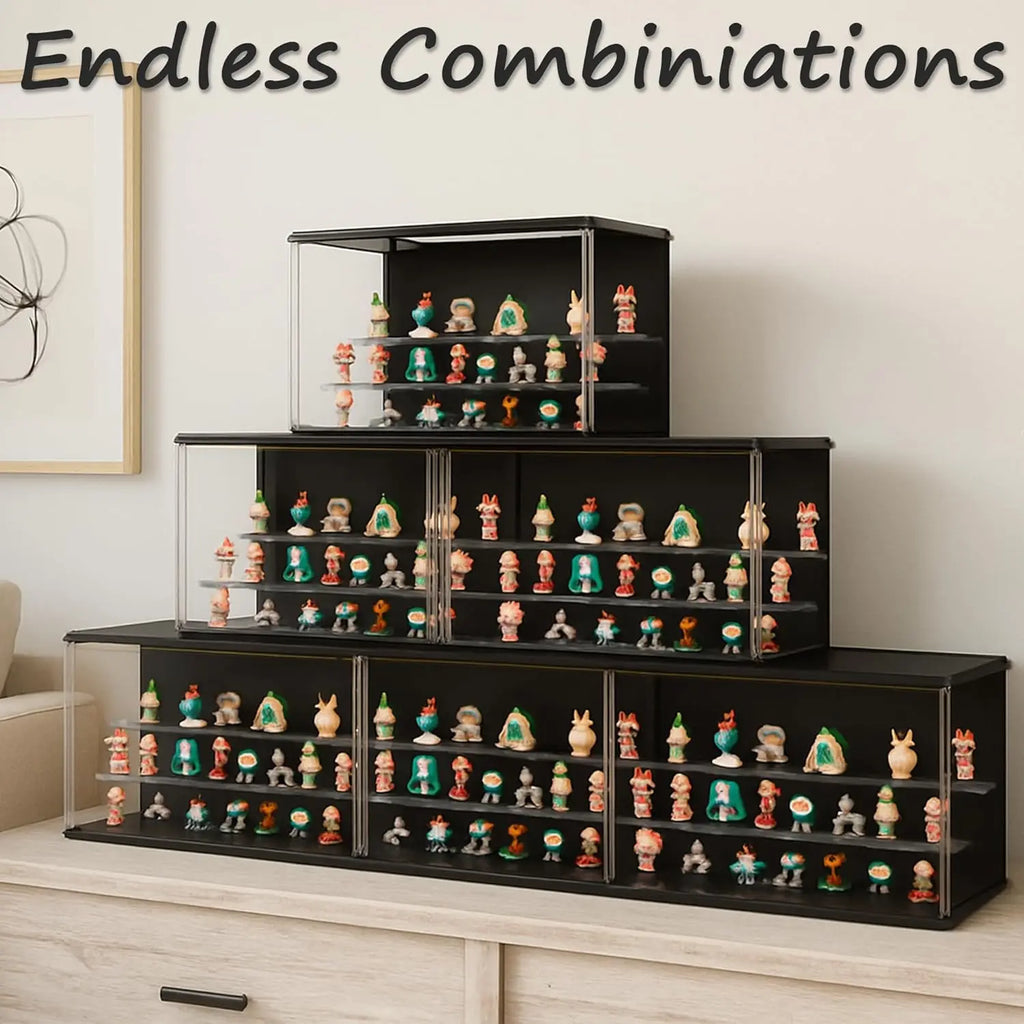 3-Tier Stackable LED Display Case for Collectibles, Acrylic Showcase with Magnetic Door, USB-C Lighted, Black 8.8"H