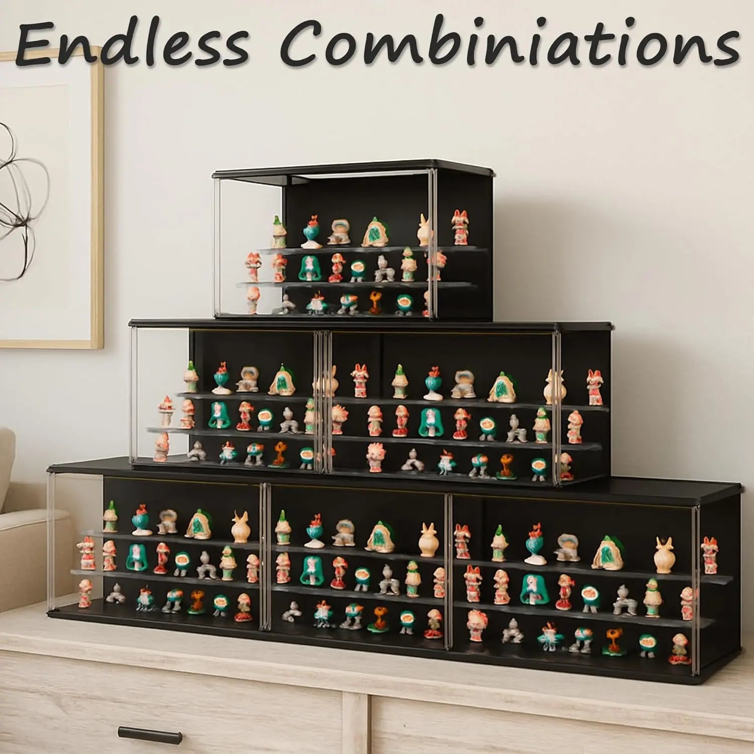 3-Tier Stackable LED Display Case for Collectibles, Acrylic Showcase with Magnetic Door, USB-C Lighted, Black 8.8"H