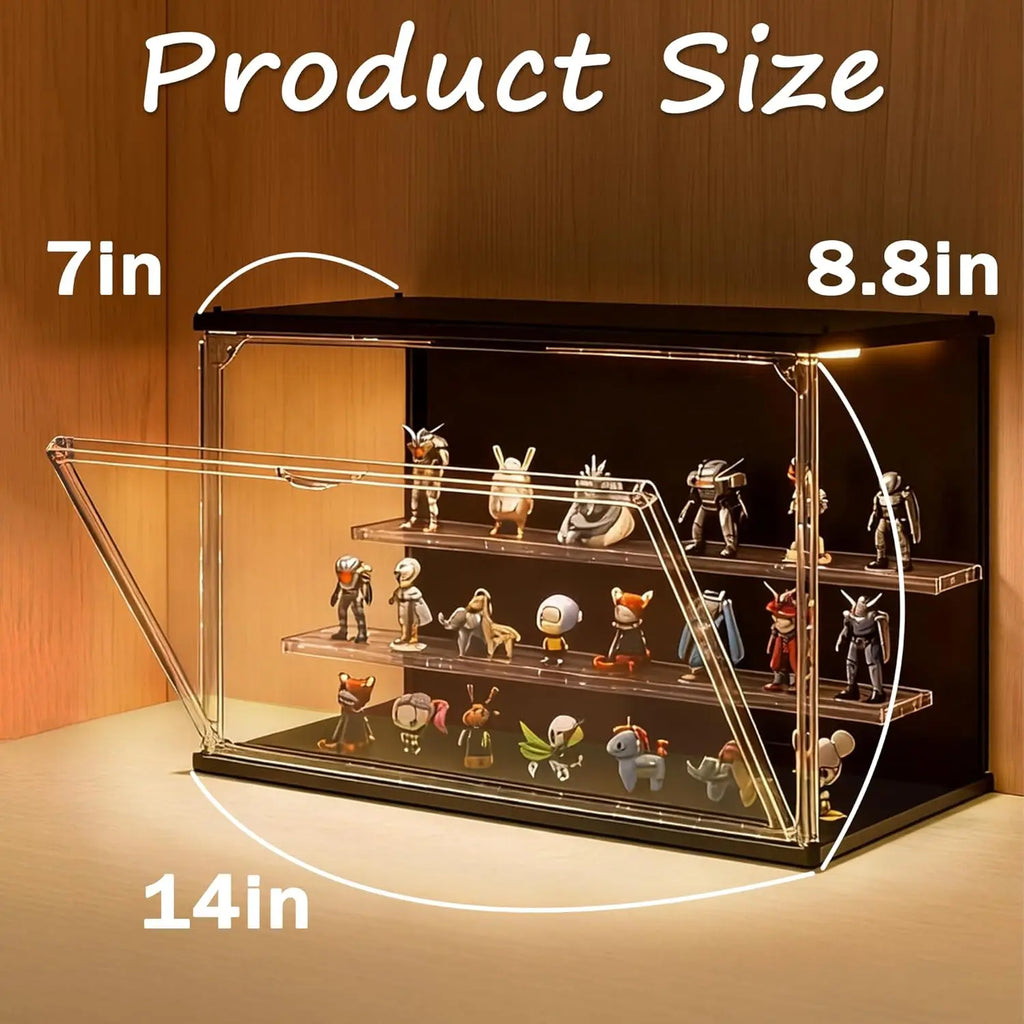 3-Tier Stackable LED Display Case for Collectibles, Acrylic Showcase with Magnetic Door, USB-C Lighted, Black 8.8"H