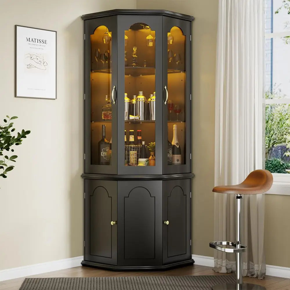 Corner Bar Cabinet w LED Lights, Tall Modern Wine Cabinet with Tempered Glass Door amp Adjustable Shelves, Home Bar Liquor Stor