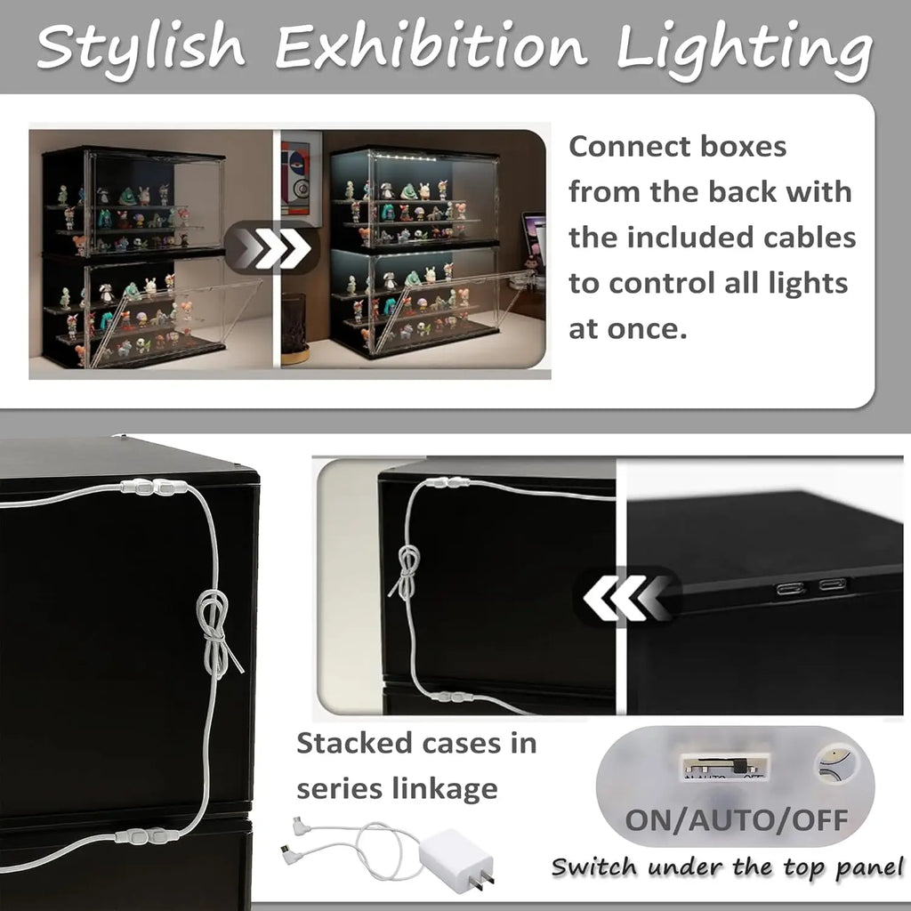 3-Tier Stackable LED Display Case for Collectibles, Acrylic Showcase with Magnetic Door, USB-C Lighted, Black 8.8"H