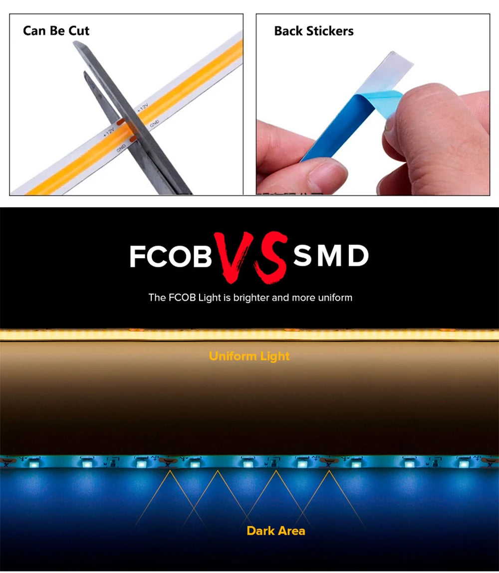 DC12V 24V 5mm 8mm COB Led Strip Lights Soft Flexible 480leds/m Ra95 Warm Cold White 4000K R/G/B/Y for Decor Lighting Dimmable