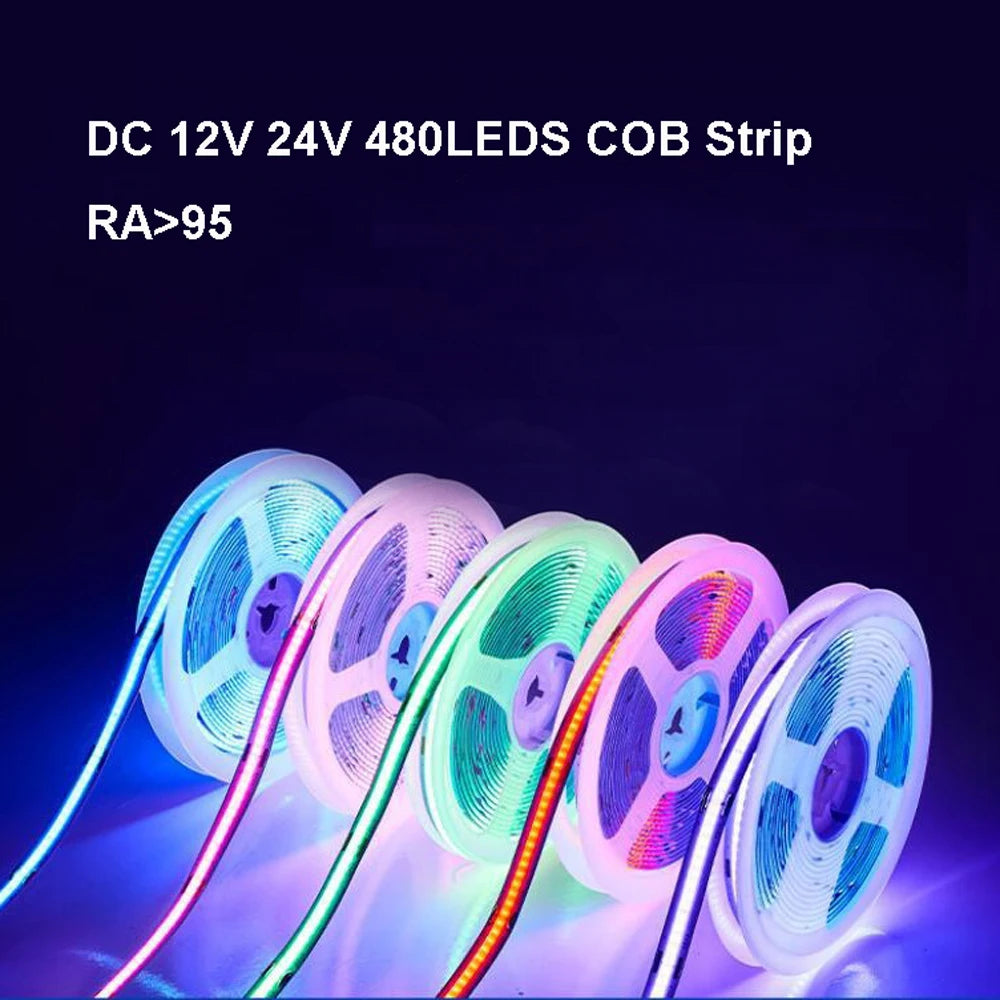DC12V 24V 5mm 8mm COB Led Strip Lights Soft Flexible 480leds/m Ra95 Warm Cold White 4000K R/G/B/Y for Decor Lighting Dimmable