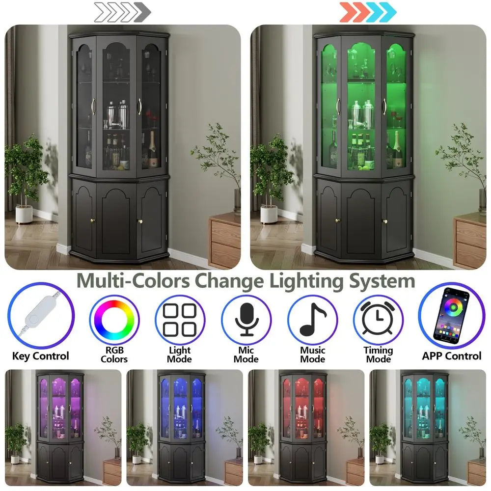 Corner Bar Cabinet w LED Lights, Tall Modern Wine Cabinet with Tempered Glass Door amp Adjustable Shelves, Home Bar Liquor Stor