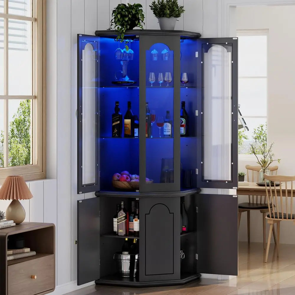 Corner Bar Cabinet w LED Lights, Tall Modern Wine Cabinet with Tempered Glass Door amp Adjustable Shelves, Home Bar Liquor Stor