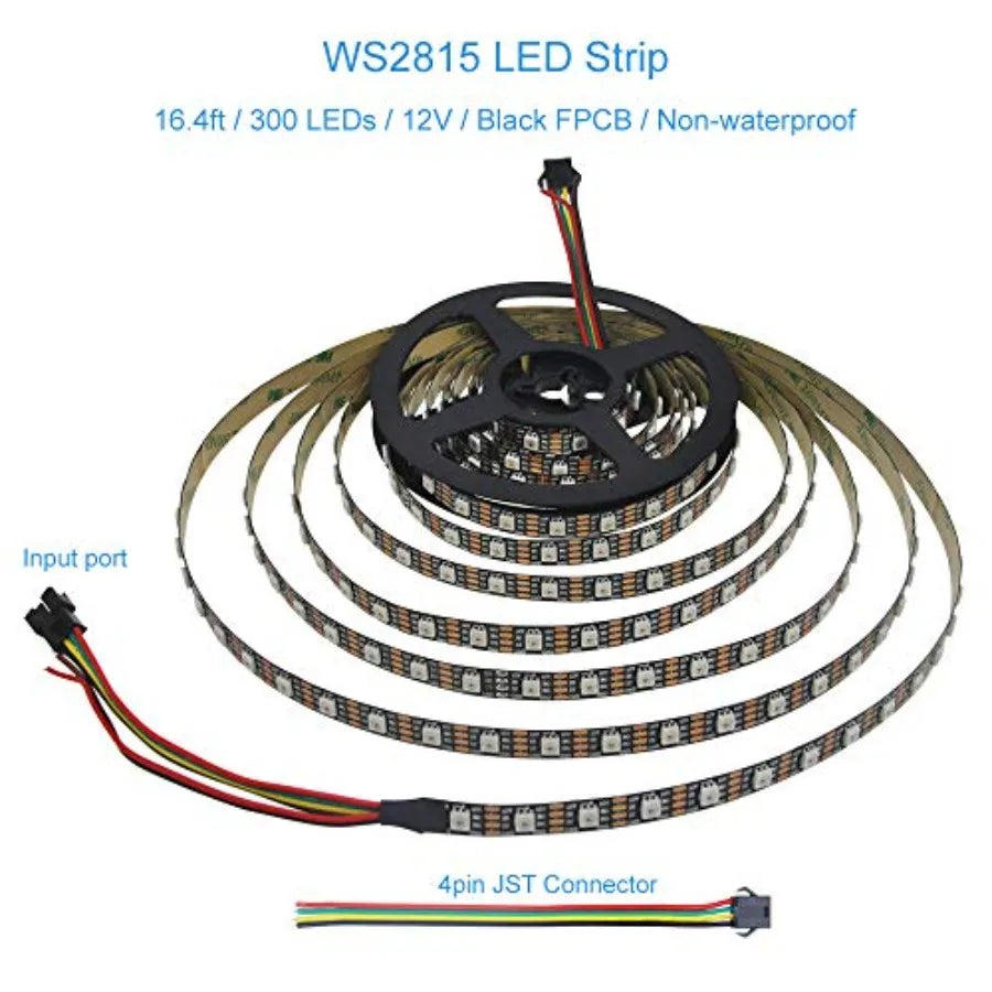 16.4FT WS2815 LED Strip Individually Addressable 300 Pixels Strip Light Dual Signal RGB 12V Flexible Programmable LED Strips IP