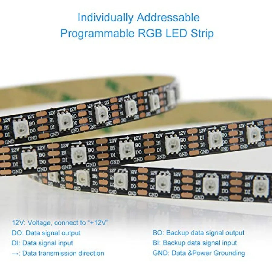 16.4FT WS2815 LED Strip Individually Addressable 300 Pixels Strip Light Dual Signal RGB 12V Flexible Programmable LED Strips IP