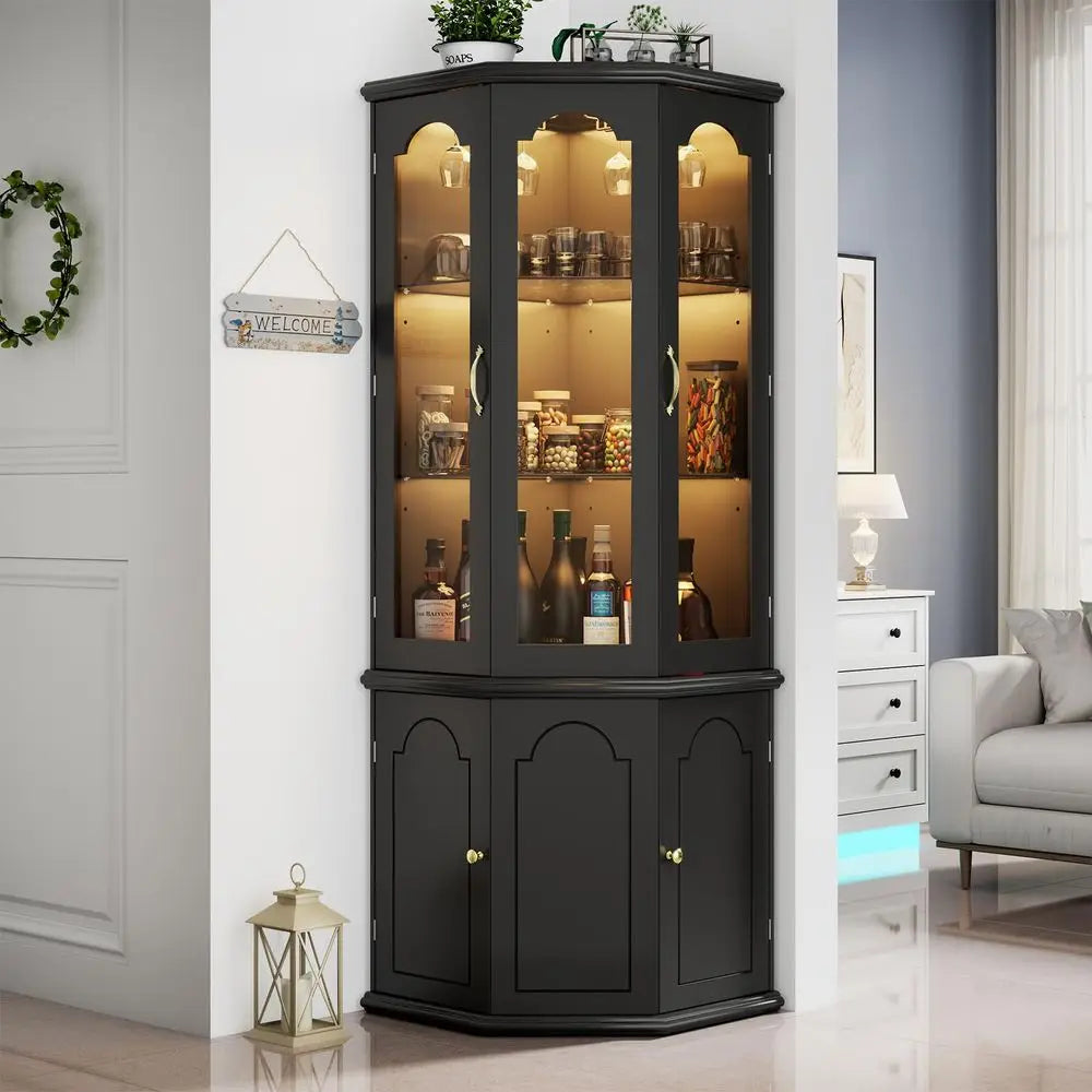 Corner Bar Cabinet w LED Lights, Tall Modern Wine Cabinet with Tempered Glass Door amp Adjustable Shelves, Home Bar Liquor Stor