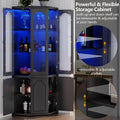 Corner Bar Cabinet w LED Lights, Tall Modern Wine Cabinet with Tempered Glass Door amp Adjustable Shelves, Home Bar Liquor Stor