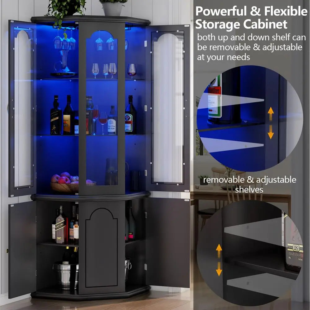 Corner Bar Cabinet w LED Lights, Tall Modern Wine Cabinet with Tempered Glass Door amp Adjustable Shelves, Home Bar Liquor Stor