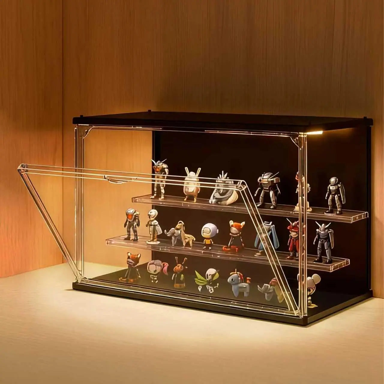 3-Tier Stackable LED Display Case for Collectibles, Acrylic Showcase with Magnetic Door, USB-C Lighted, Black 8.8"H
