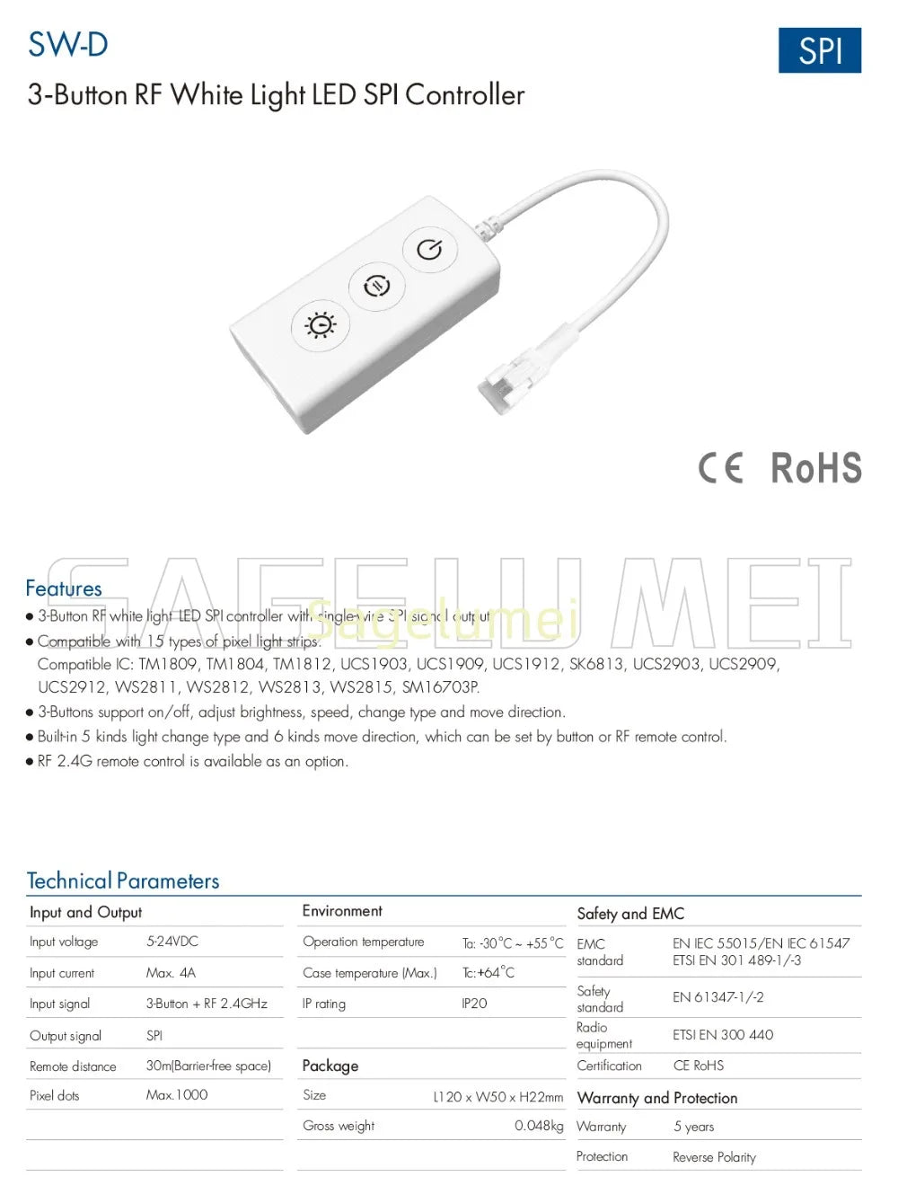 White Light SW-D 3-Button RF 2.4GHz LED SPI Controller Built-in 5 Kinds Light for WS2811 WS2812 WS2815 LED SPI Pixel Strip Lamp