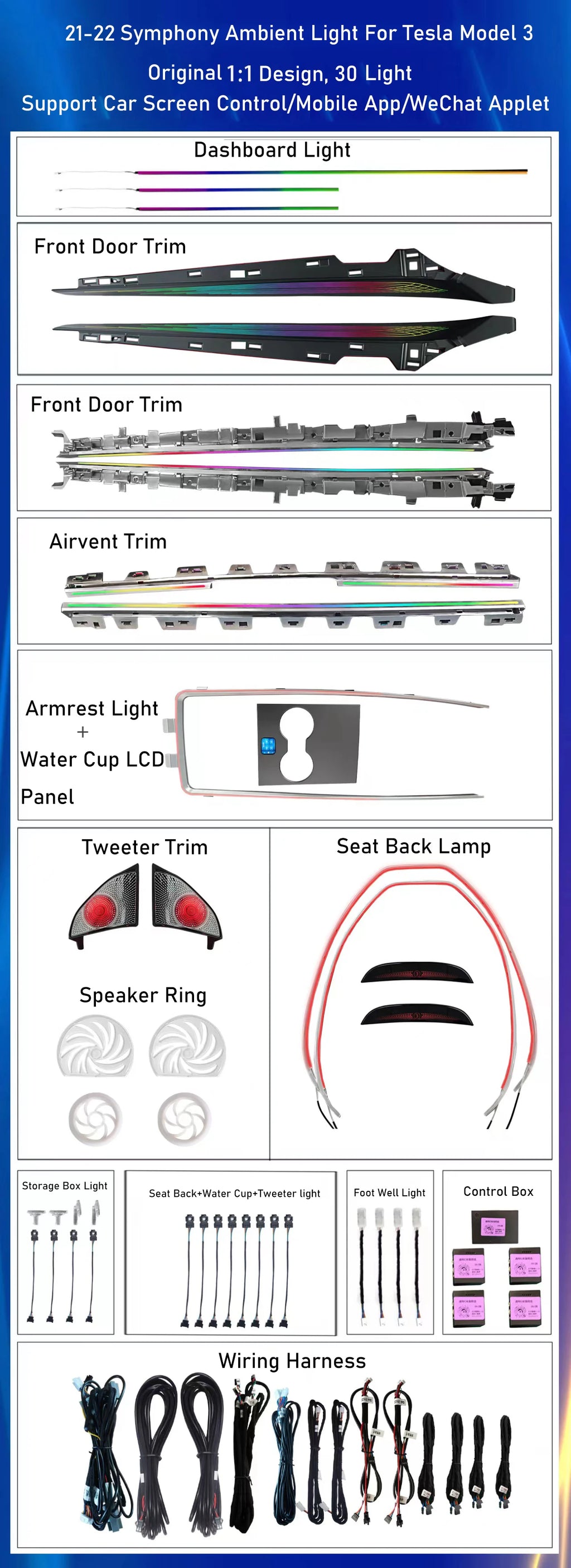 Upgrade 256 Colors Symphony Led Car Interior Ambient Lighting Accessories For Tesla Model 3/Y 2021-2025 Atmosphere Light Strip