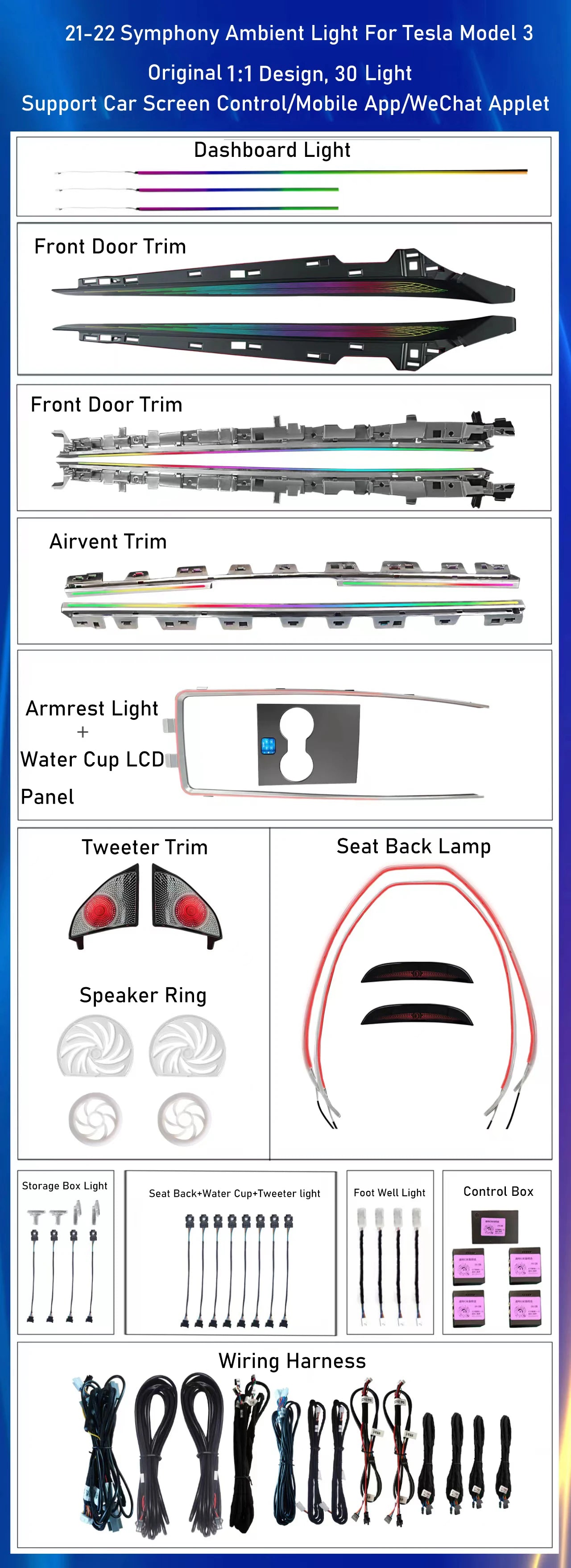 Upgrade 256 Colors Symphony Led Car Interior Ambient Lighting Accessories For Tesla Model 3/Y 2021-2025 Atmosphere Light Strip